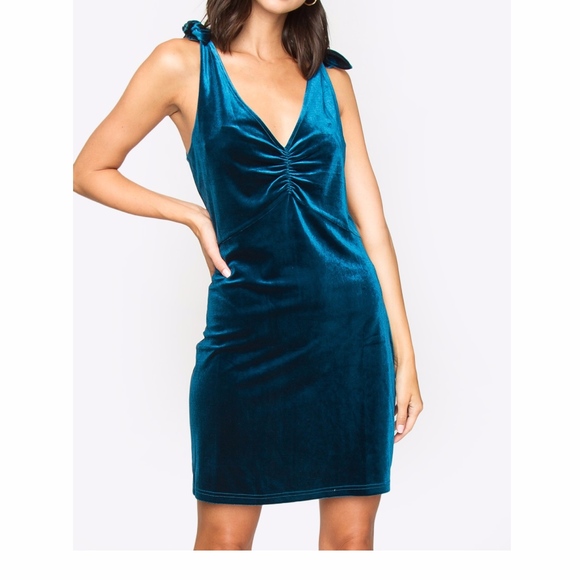 NWT Sugarlips Teal Velvet Tie Shoulder Dress - Picture 3 of 5